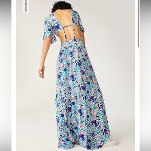 ba&sh NWT Ova Maxi Dress Floral Print Open-Back Backless Flowy Blue White XS / 0